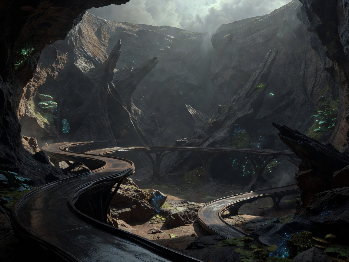 Curved ironwood pathways and subterranean rock formations inside Mysterious Island at Tokyo DisneySea
