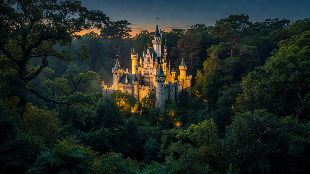 Efteling fairy tale castle illuminated against forest foliage
