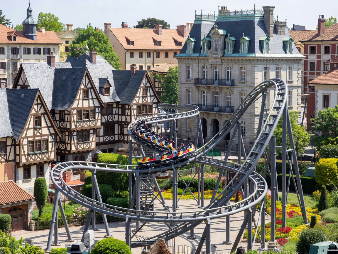 Europa-Park coaster track and European themed architecture