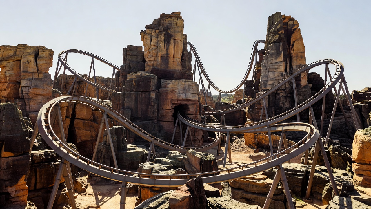 Steel coaster tracks weaving through rockwork at Phantasialand