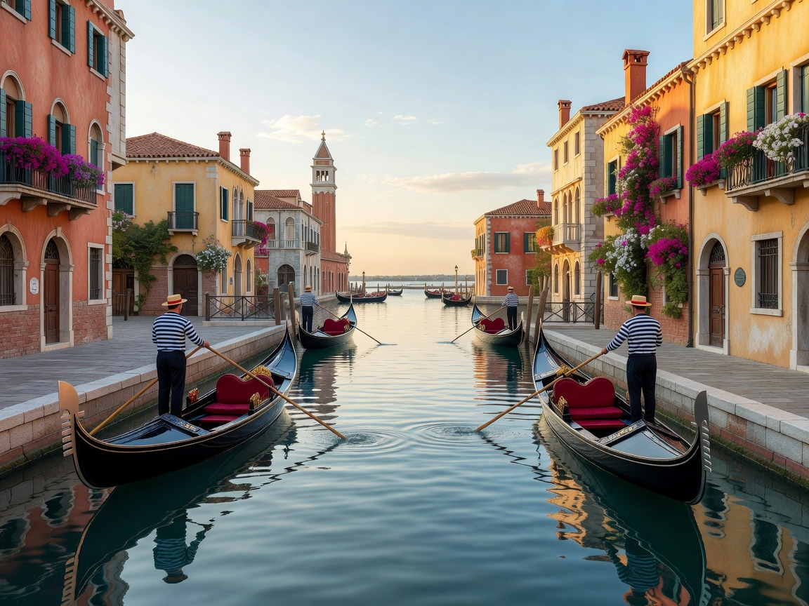 Venetian gondolas floating along the serene canals of Mediterranean Harbor with Italian architecture