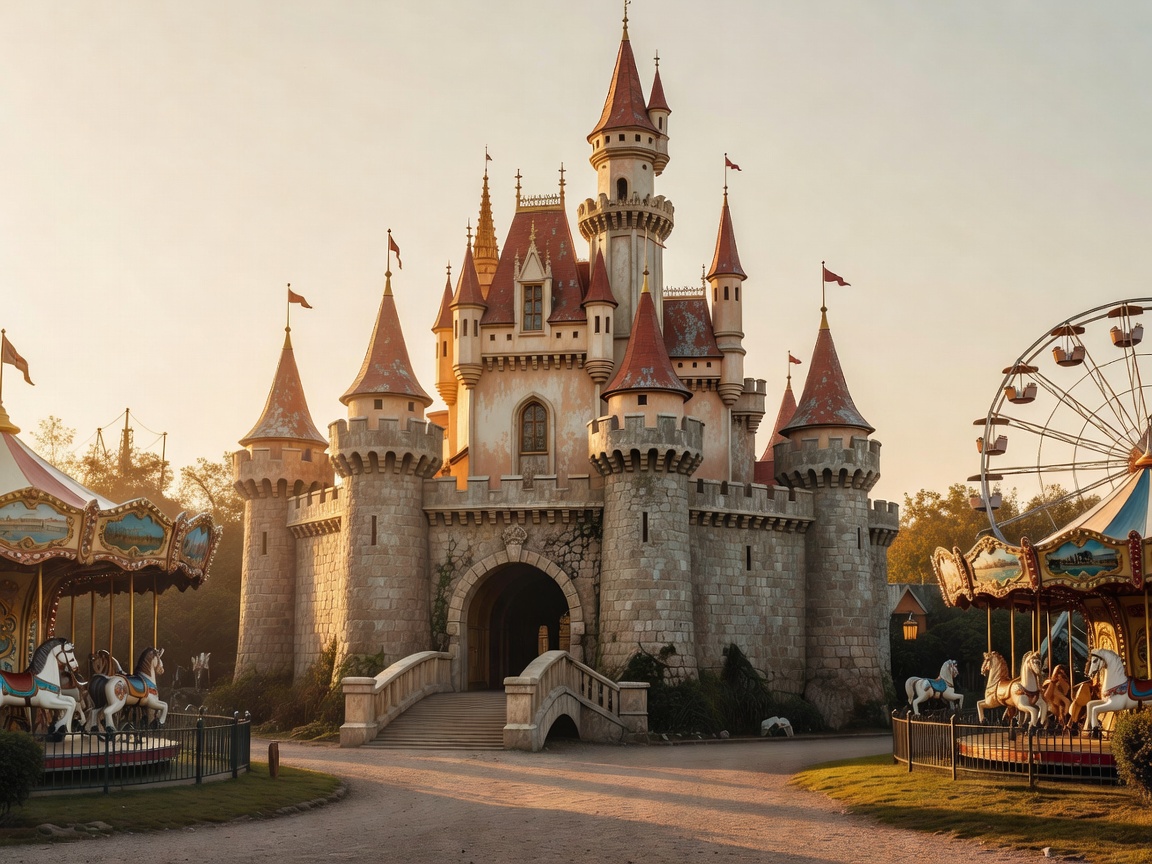 Vintage theme park castle illuminated in golden hour